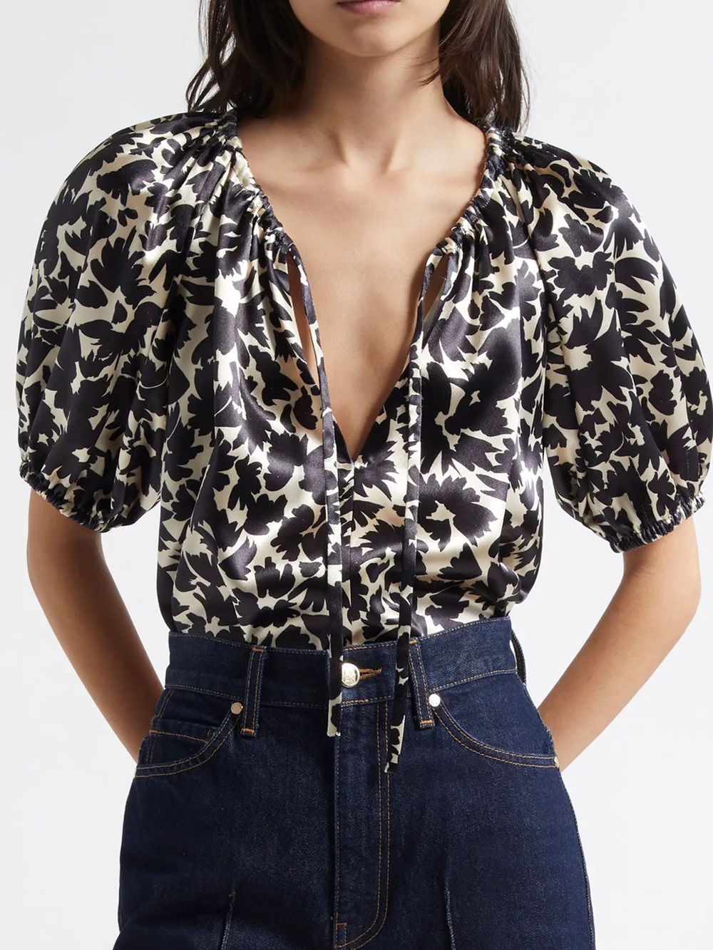 Ulla Johnson Neema Satin Tie Neck Top Black Floral Puff Sleeve NWT 2